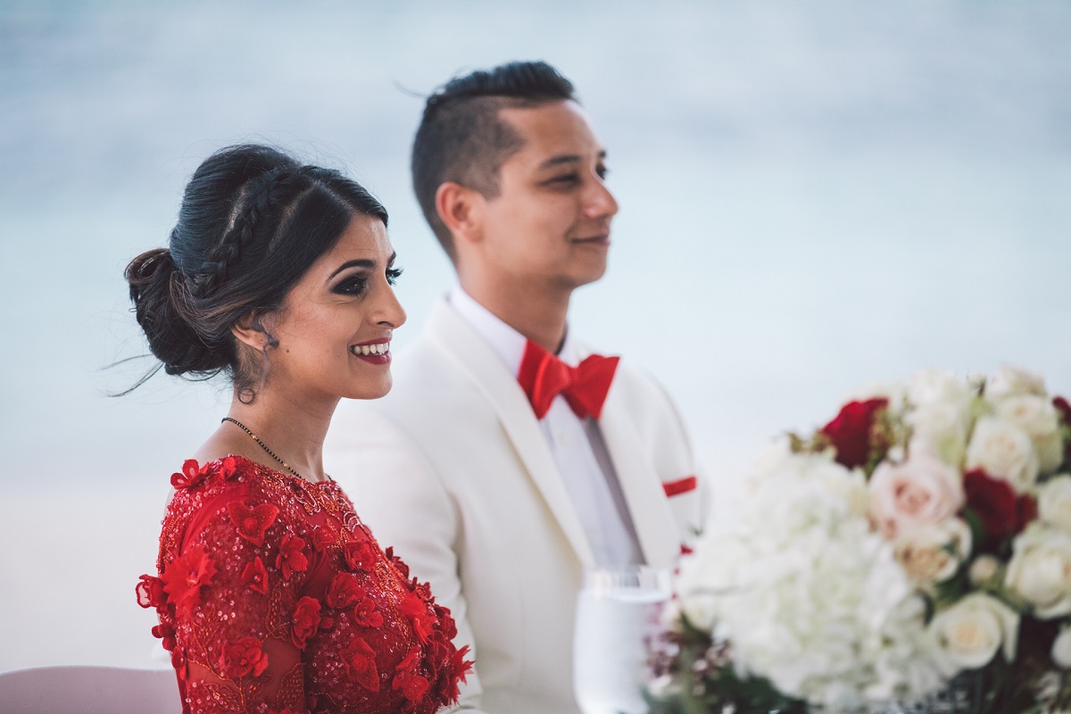 Bespoke wedding gown in red with 3d flowers