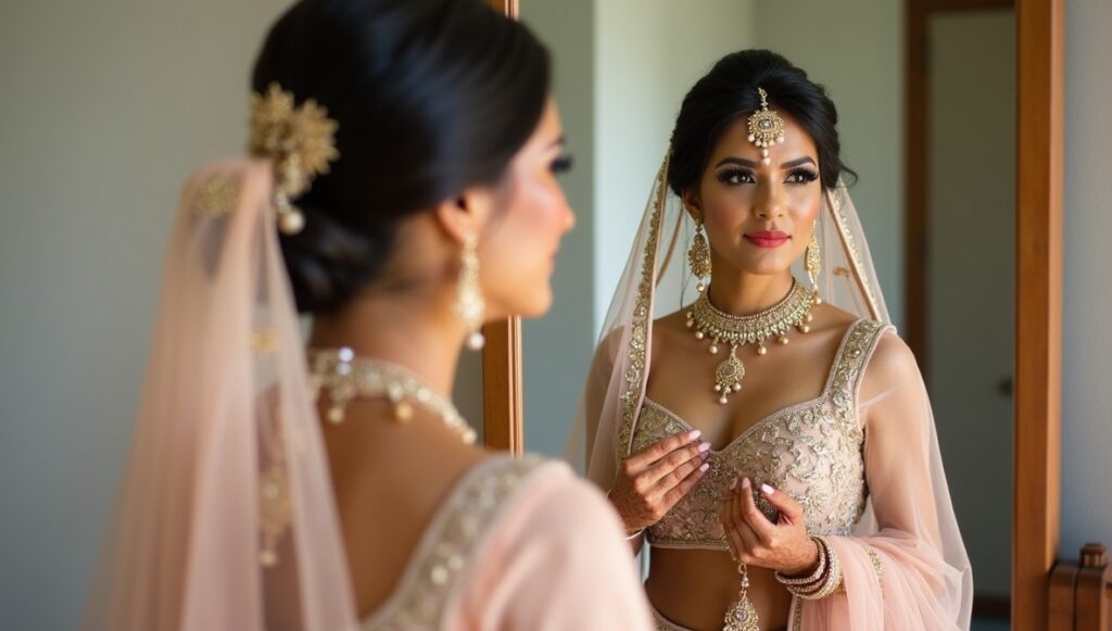 Indian bride wearing pastel bridal lehenga adjusting dupatta in front of mirror before wedding ceremony.