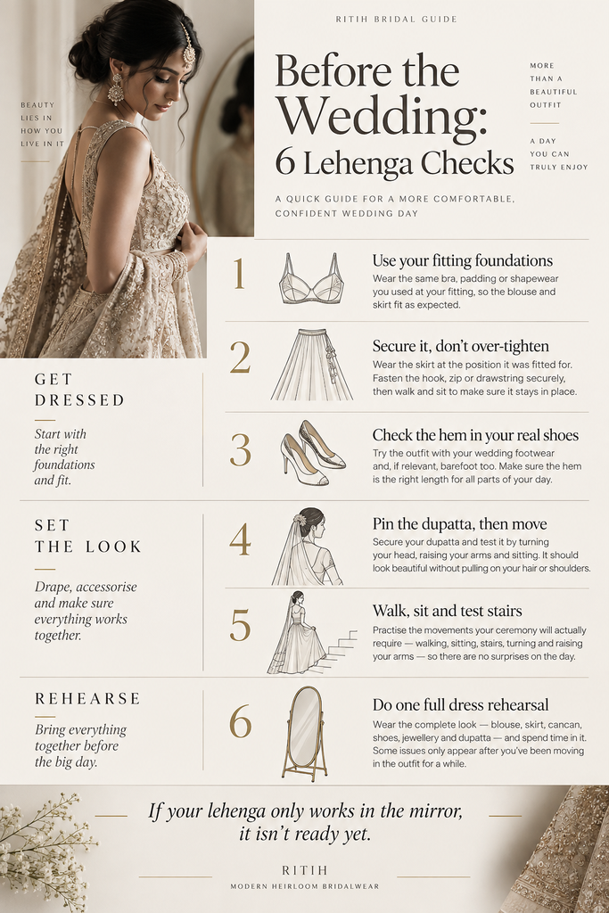 Infographic showing 6 bridal lehenga checks before the wedding, including fit, dupatta draping, movement and dress rehearsal.