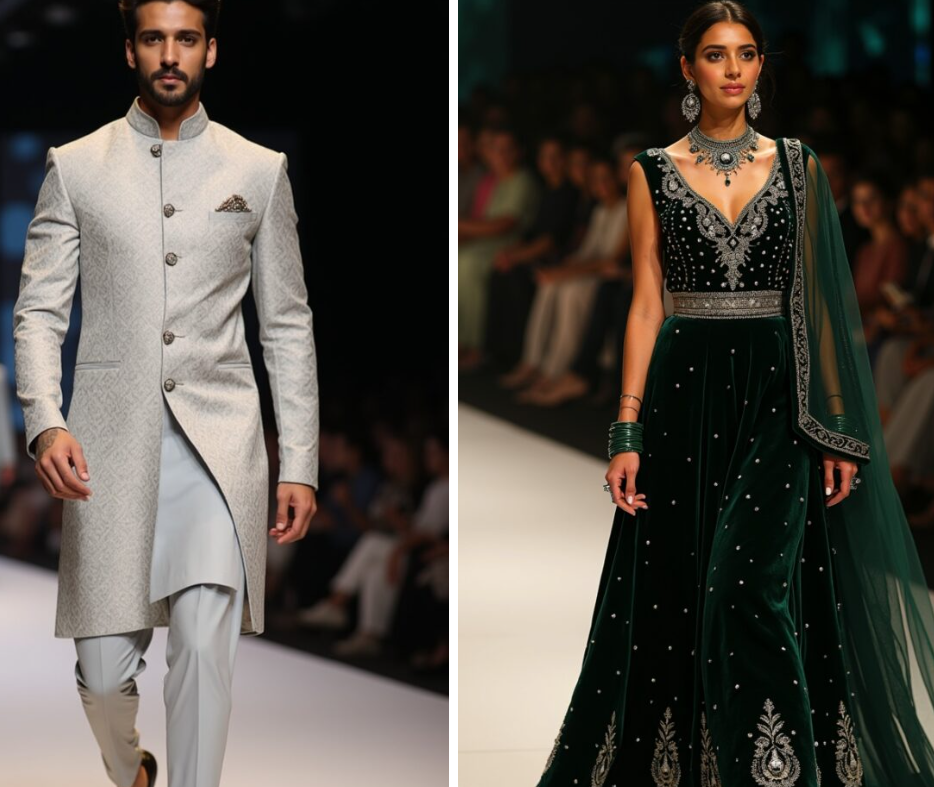 A man in light grey Indian traditional garb and woman in Indian traditional green garb anarkali, walking on a fashion ramp.