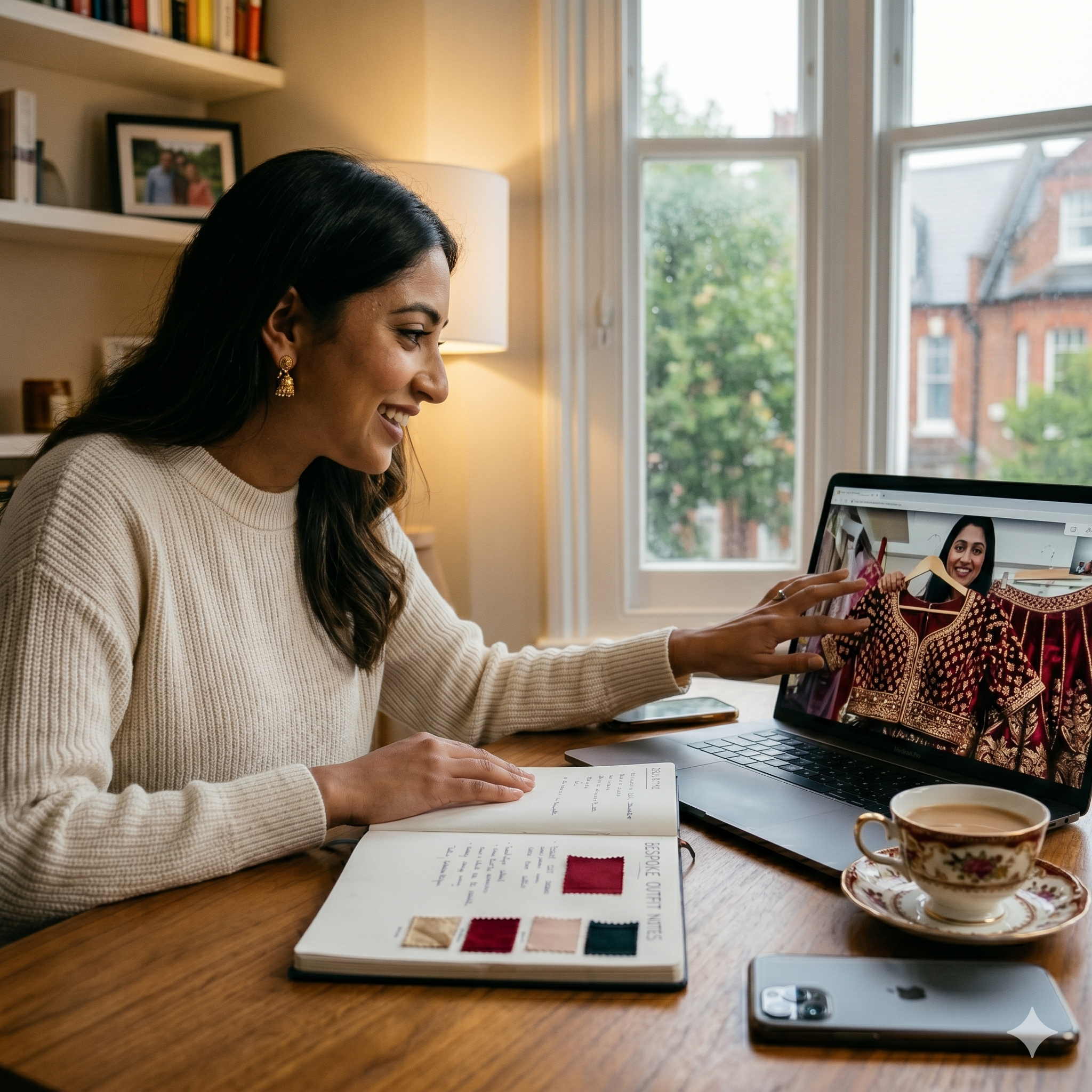 Bride reviewing bespoke outfit remotely via video call