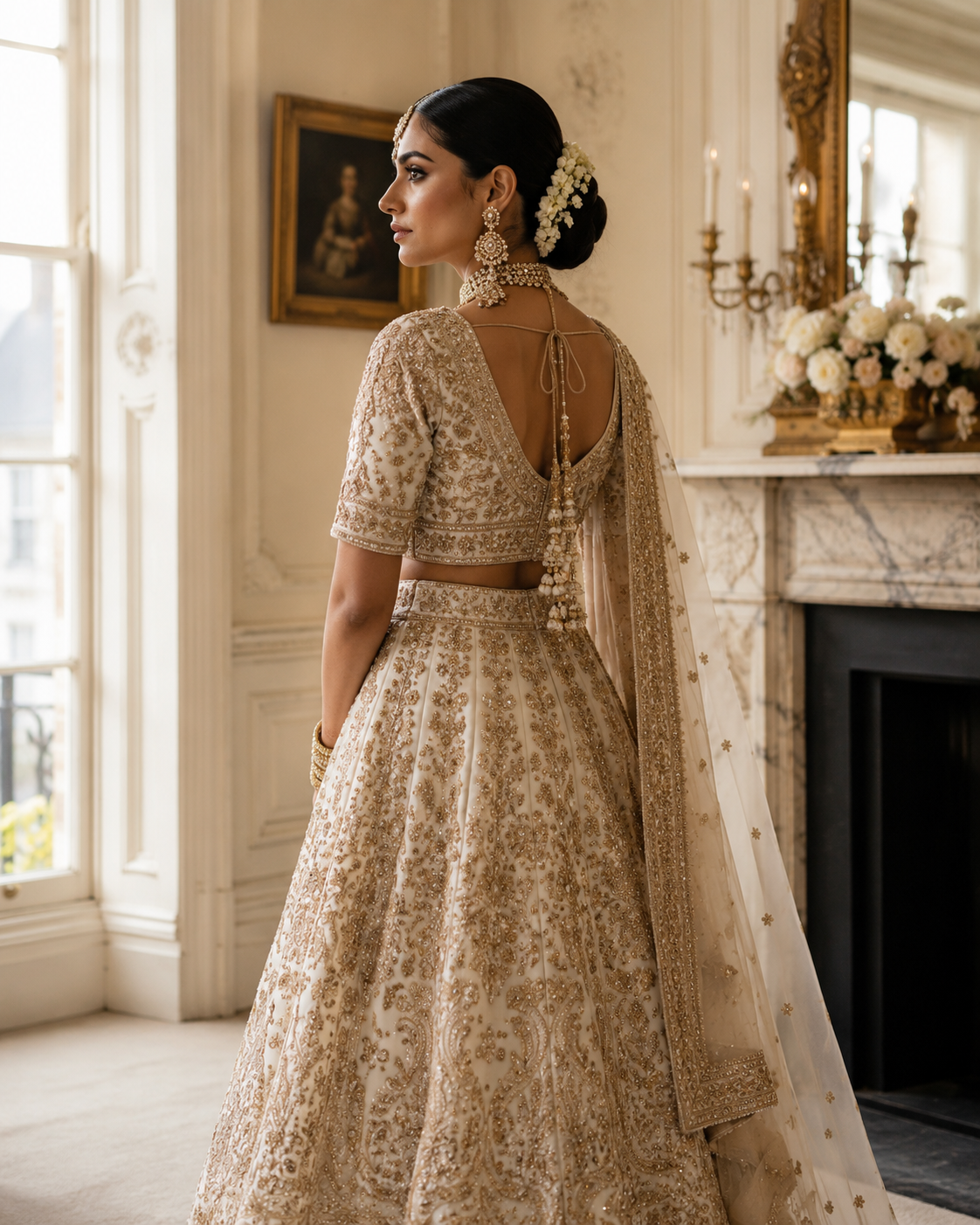 Indian bride in ivory and gold bridal lehenga in a London townhouse