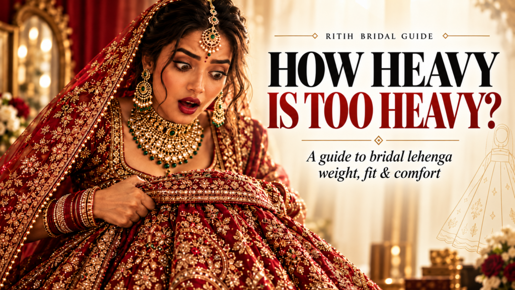 Surprised Indian bride holding a heavily embroidered bridal lehenga, illustrating bridal lehenga weight, fit and comfort.