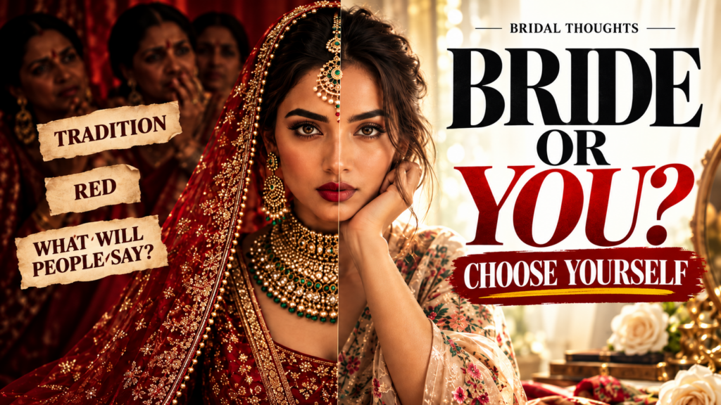 Indian bride contrasting traditional red bridalwear with personal style in a Ritih Bridal Thoughts feature about choosing a bridal outfit that feels like you.